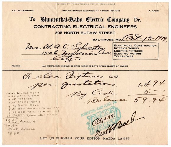 1919-10-13 Light Fixture Receipt HACS 001 JAK