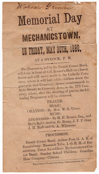 Memorial Day Program Mechanicstown 1890 001A DB 