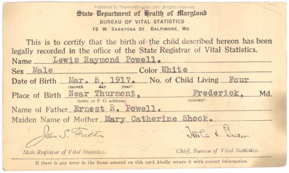 Powell, Lewis Raymond Birth Cert 001A LP